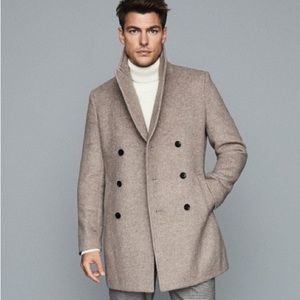 NWOT Reiss Duomo Herringbone Wool Blend Double Breasted Coat, Oatmeal